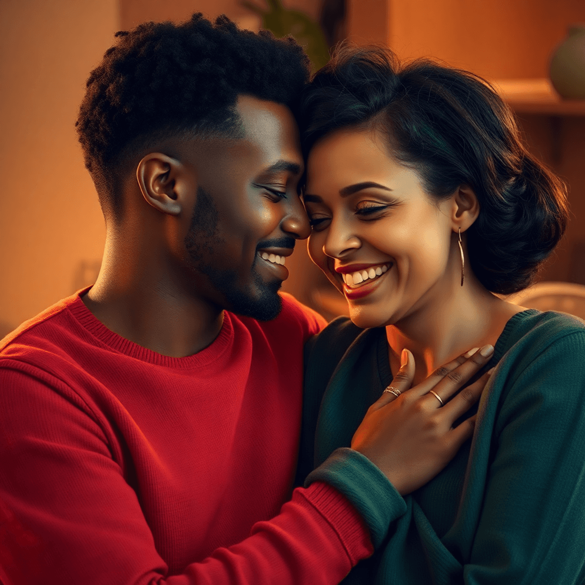 A couple sharing an intimate moment in soft lighting with a cozy, warm background, symbolizing connection and emotional closeness.