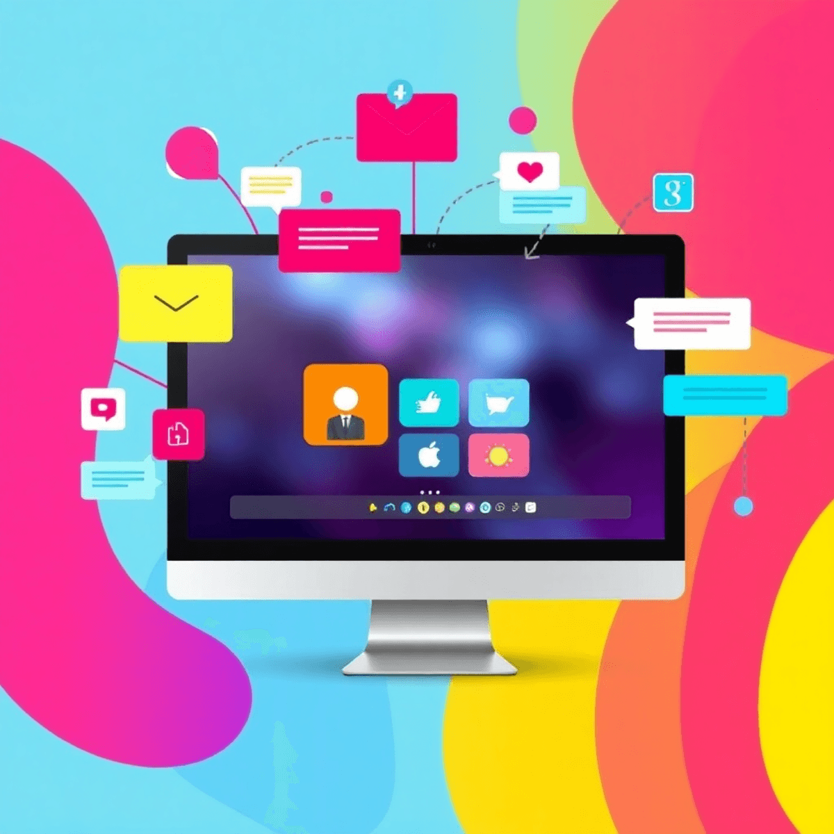 A sleek computer screen showing a live streaming interface with colorful icons and chat bubbles, surrounded by abstract connection symbols on a dyn...
