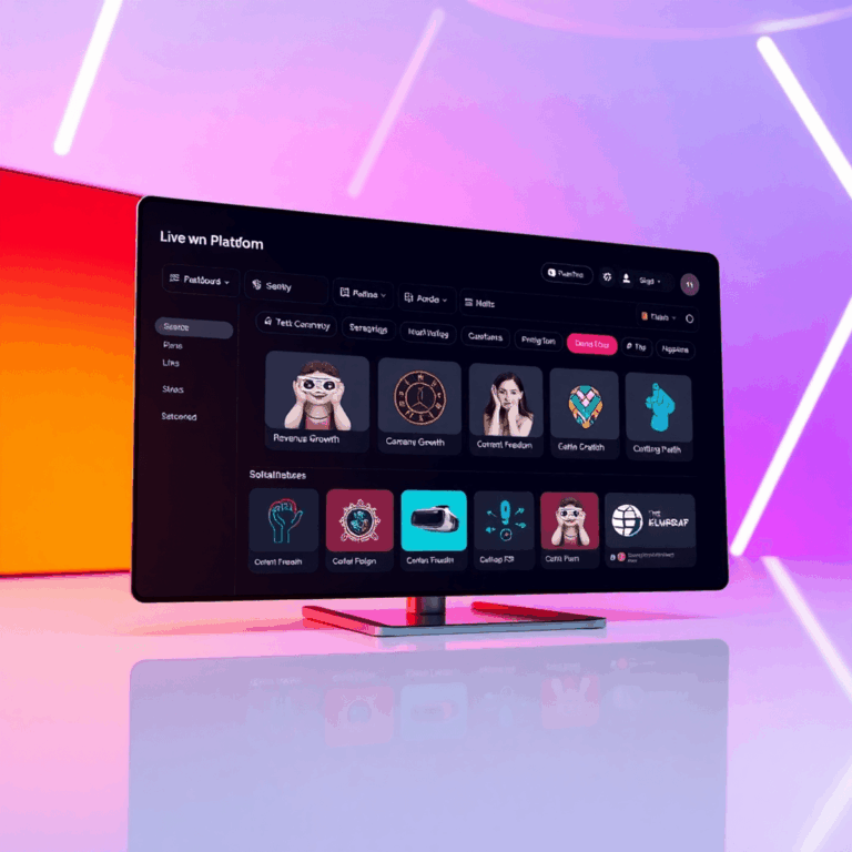 A sleek digital dashboard displaying a live webcam streaming platform with vibrant icons for revenue, content freedom, VR, and interactive tech on ...