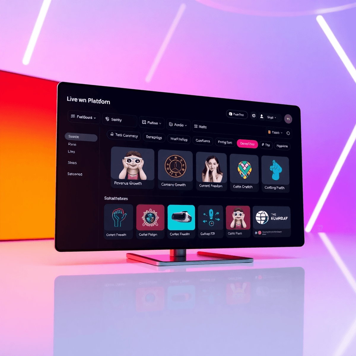 A sleek digital dashboard displaying a live webcam streaming platform with vibrant icons for revenue, content freedom, VR, and interactive tech on ...