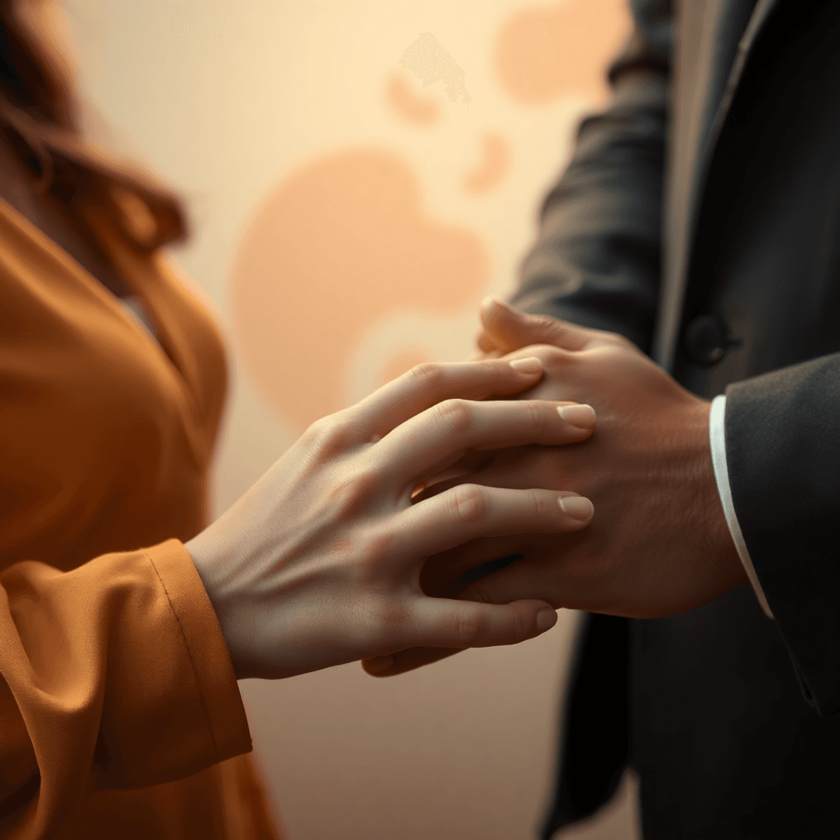 Close-up of two hands gently touching with warm lighting and abstract shapes in the background, symbolizing connection and intimacy.