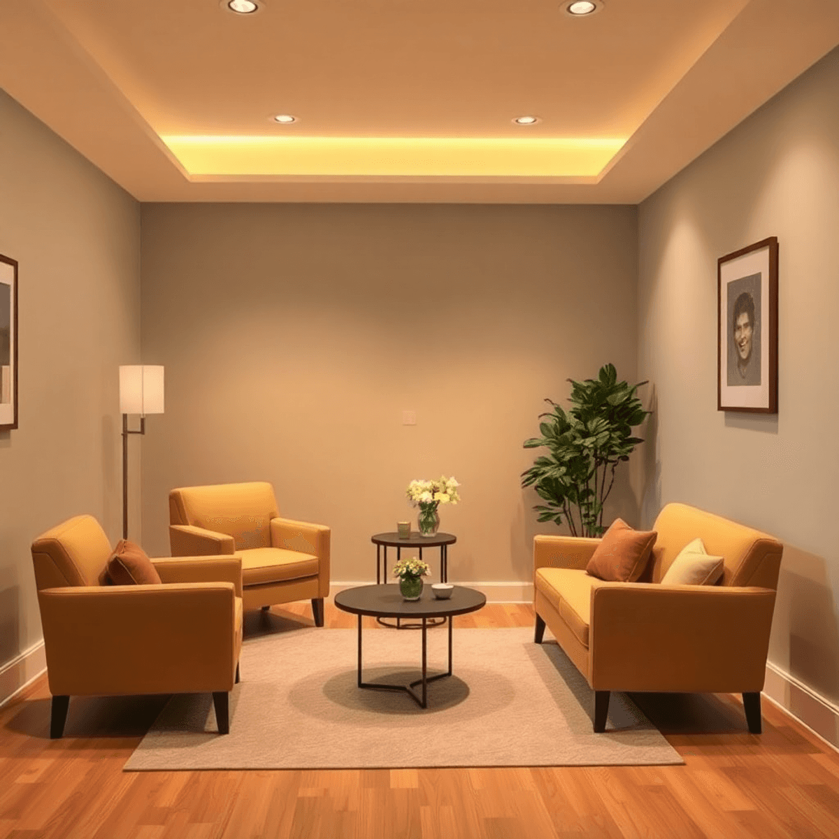Cozy therapy room with comfortable chairs, soft lighting, and a calm atmosphere symbolizing trust and empathy in counseling.