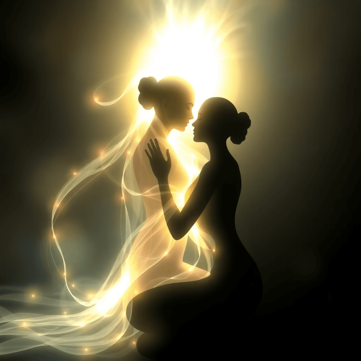 Two abstract human silhouettes in a meditative embrace with soft glowing energy flowing between them, symbolizing spiritual connection and unity.
