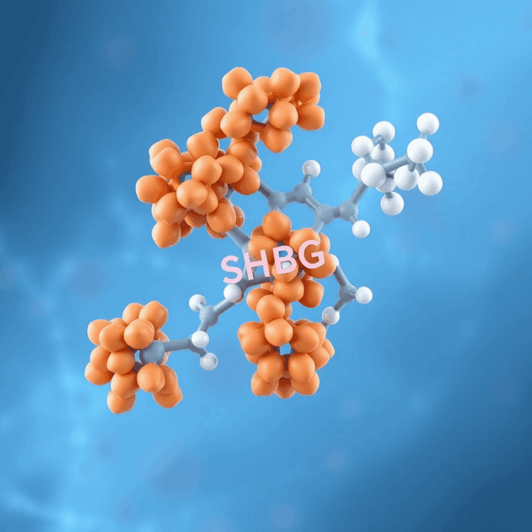 3D illustration of SHBG protein molecules binding testosterone and estradiol hormones against a soft blue bloodstream background, highlighting mole...