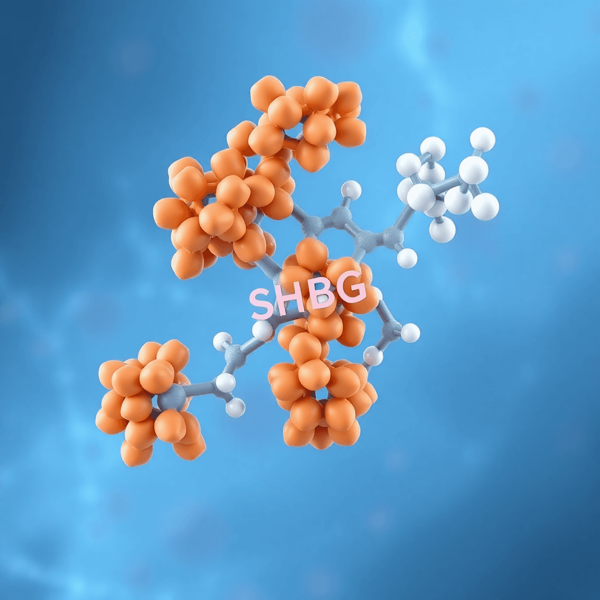 3D illustration of SHBG protein molecules binding testosterone and estradiol hormones against a soft blue bloodstream background, highlighting mole...