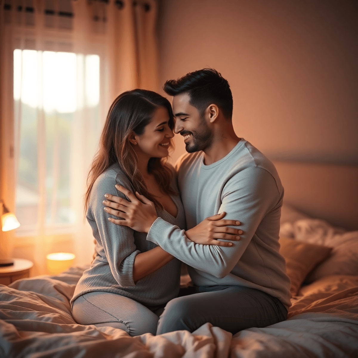 A cozy bedroom with soft lighting showing a couple sharing a tender, affectionate moment of connection and gentle touch.