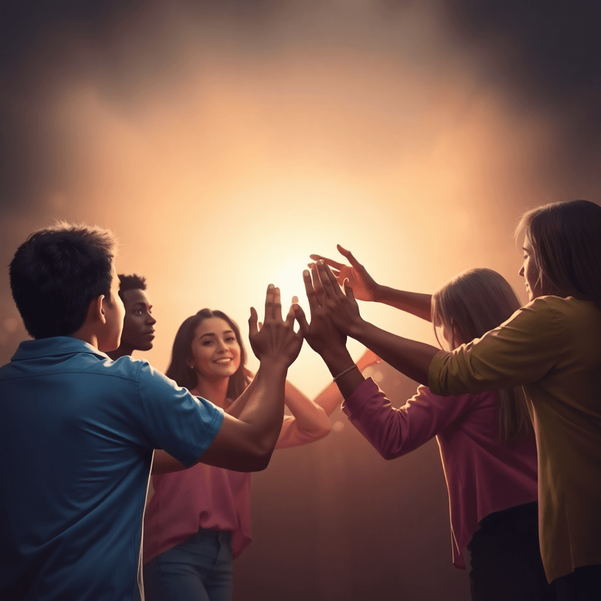 A diverse group holding hands in a circle with soft light shining behind, symbolizing unity, support, hope, and freedom against sex trafficking.