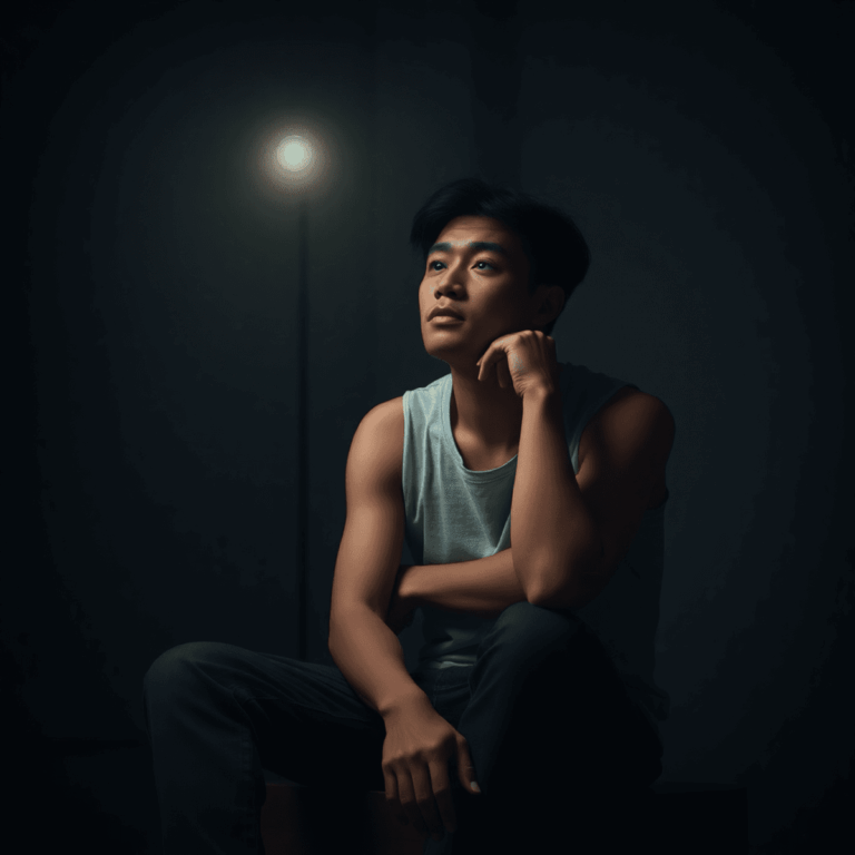 A person sitting alone in a dim room, looking contemplative and distressed, symbolizing inner struggle and emotional turmoil.