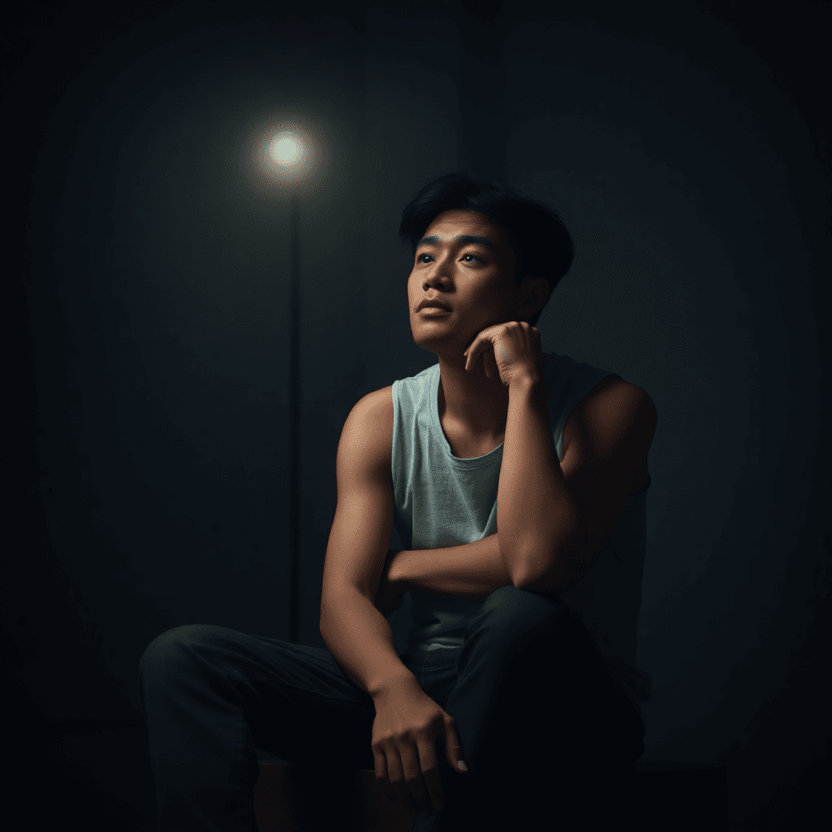 A person sitting alone in a dim room, looking contemplative and distressed, symbolizing inner struggle and emotional turmoil.