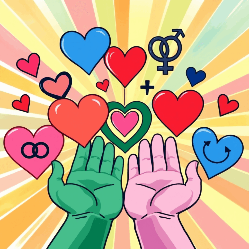 Colorful illustration with abstract hearts, gender symbols, and open hands representing love, consent, and inclusivity on a bright background.