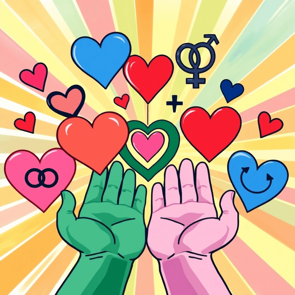 Colorful illustration with abstract hearts, gender symbols, and open hands representing love, consent, and inclusivity on a bright background.