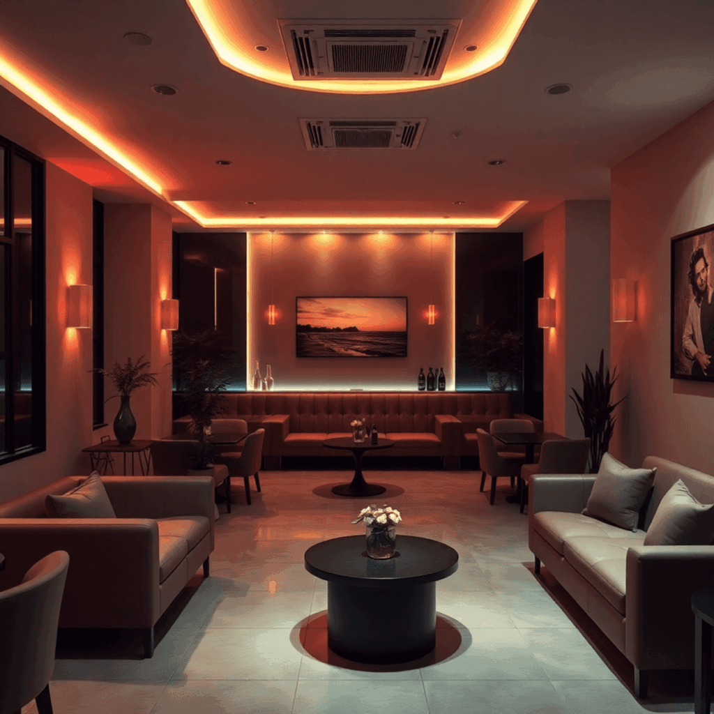Modern lounge interior with soft lighting, cozy seating, and subtle decor creating a warm, inviting space for socializing and intimate connections.