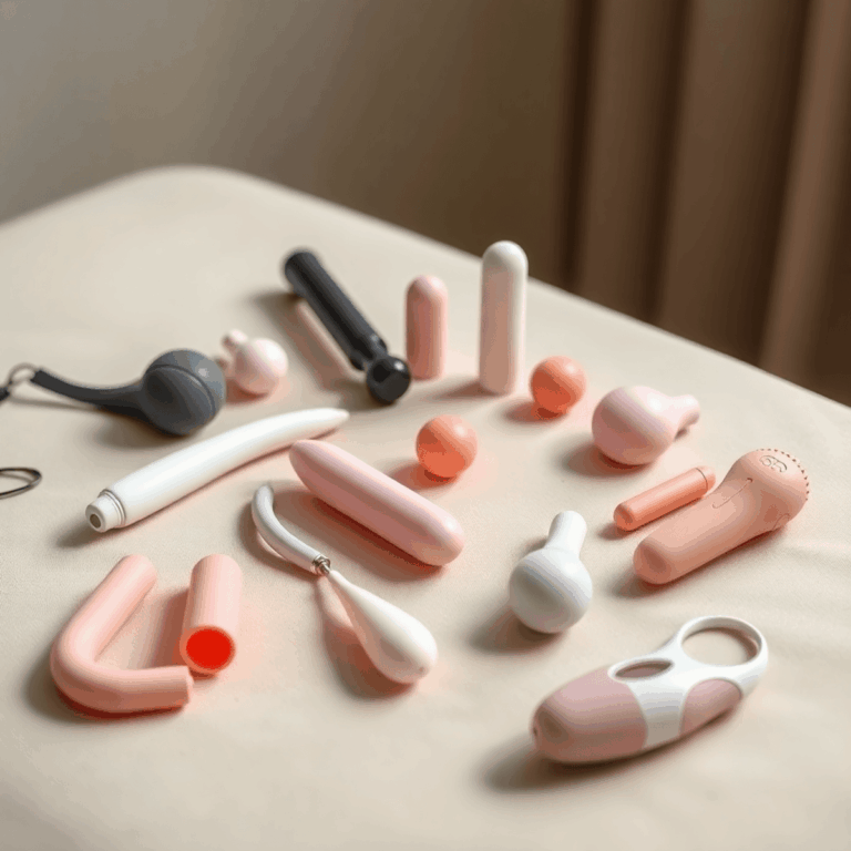 An elegant arrangement of various sex toys on a soft, neutral surface with warm, gentle lighting creating an inviting atmosphere.