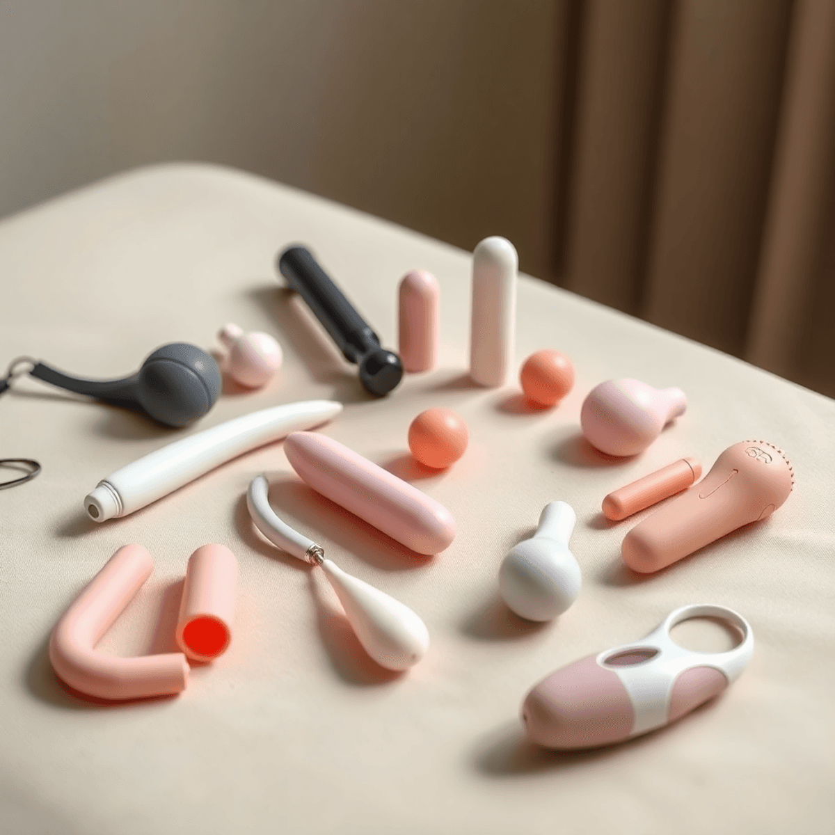 An elegant arrangement of various sex toys on a soft, neutral surface with warm, gentle lighting creating an inviting atmosphere.
