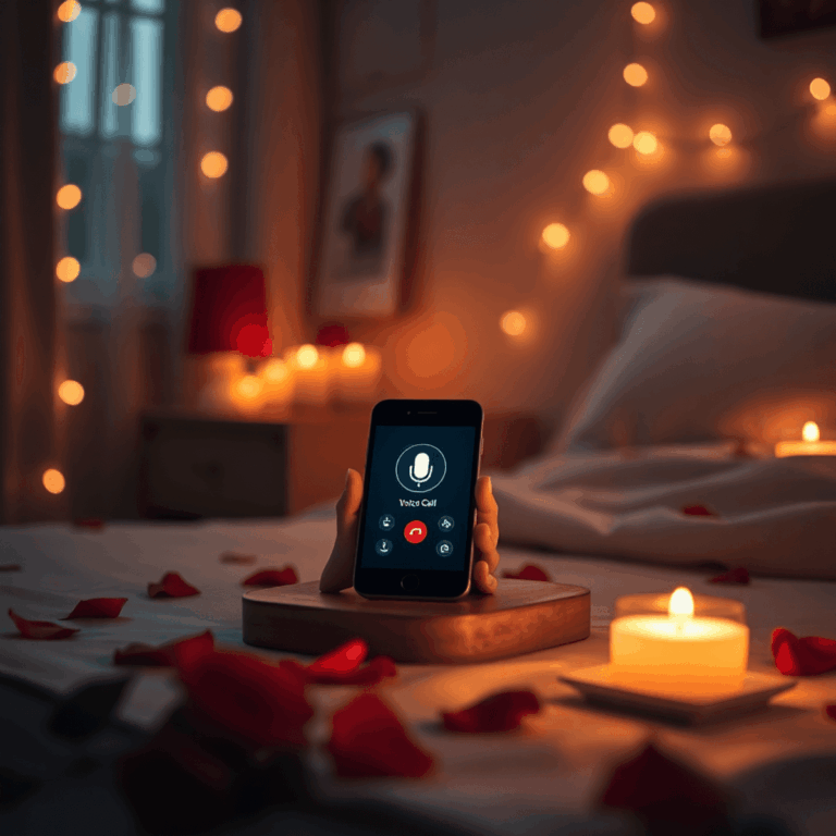 Smartphone on bedside table displaying a voice call, surrounded by glowing lights, rose petals, and candles in a cozy, dimly lit room.