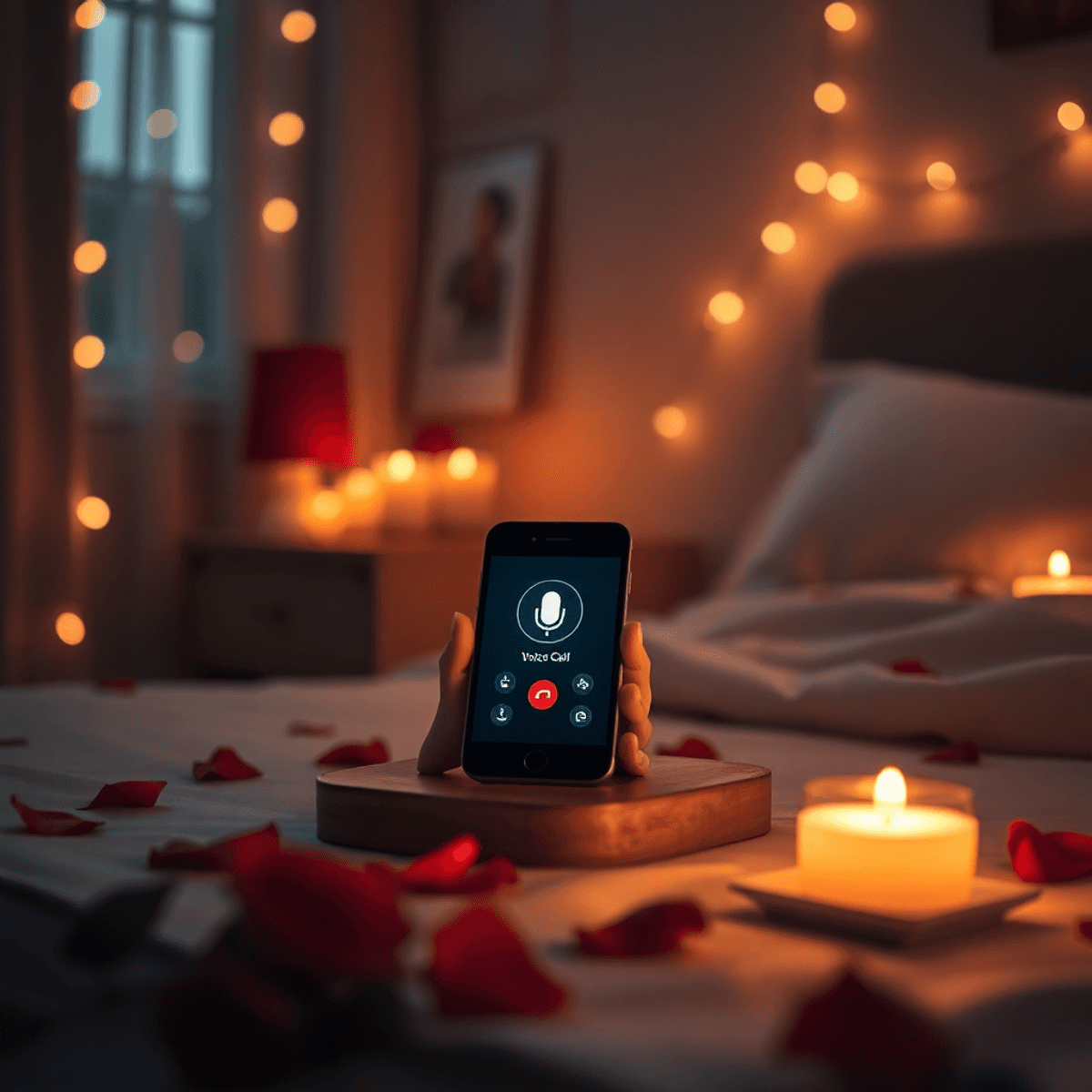 Smartphone on bedside table displaying a voice call, surrounded by glowing lights, rose petals, and candles in a cozy, dimly lit room.